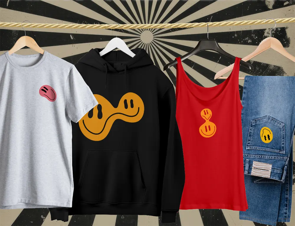 Customer Supplied Garments - Express Print Apparel Assorted clothing on hangers with a wavy yellow smiley logo: gray tee, black hoodie, red tank, and denim jeans in a sunburst backdrop.
